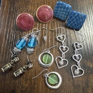 Lot of 6 Earrings Purple Blue Green Silver Tone Heart Dangle Cocktail Statement